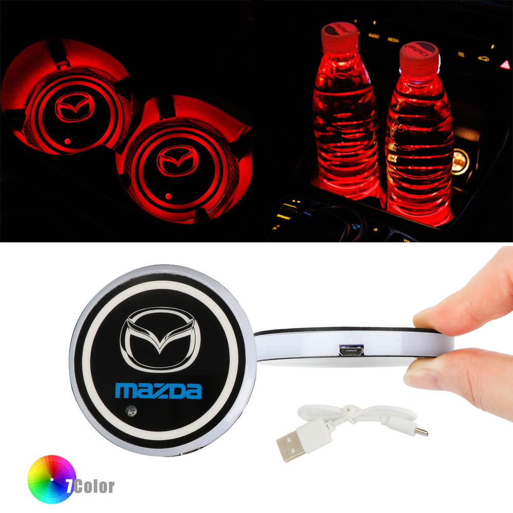BRAND NEW UNIVERSAL V2 2PCS MAZDA Switchable Seven Colorful LED Car Cup Holder Mat Coaster Pad