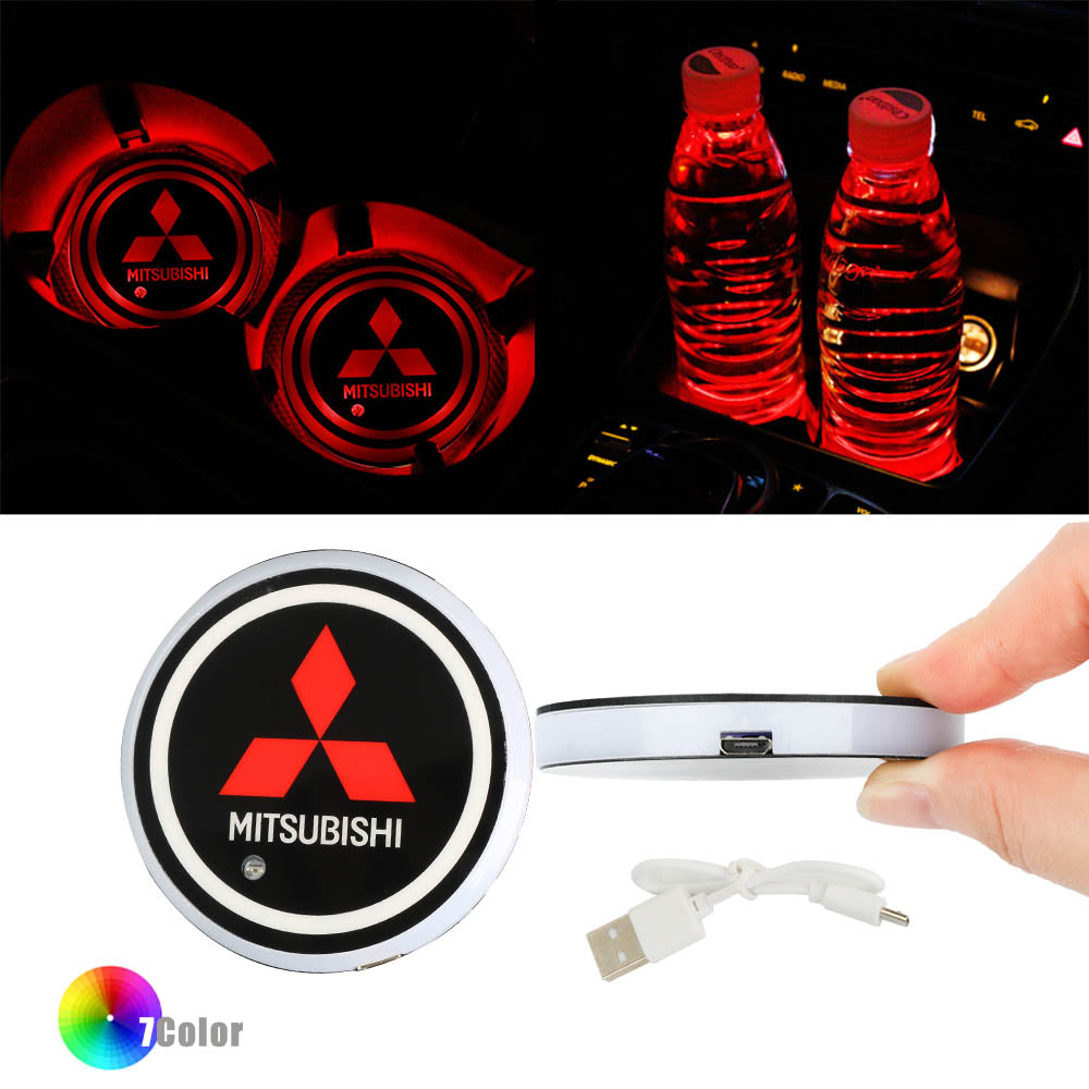 BRAND NEW UNIVERSAL V2 2PCS MITSUBISHI Switchable Seven Colorful LED Car Cup Holder Mat Coaster Pad