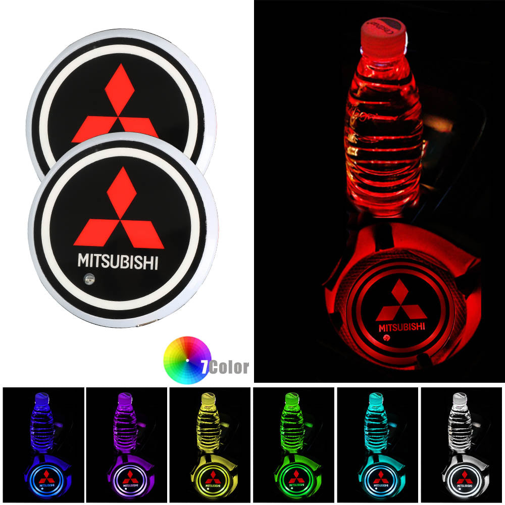 BRAND NEW UNIVERSAL V2 2PCS MITSUBISHI Switchable Seven Colorful LED Car Cup Holder Mat Coaster Pad