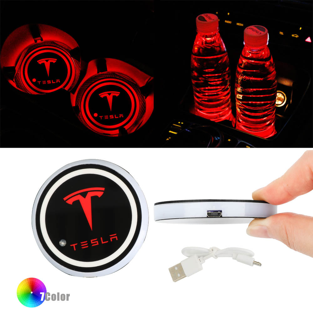 BRAND NEW UNIVERSAL V2 2PCS TESLA Switchable Seven Colorful LED Car Cup Holder Mat Coaster Pad