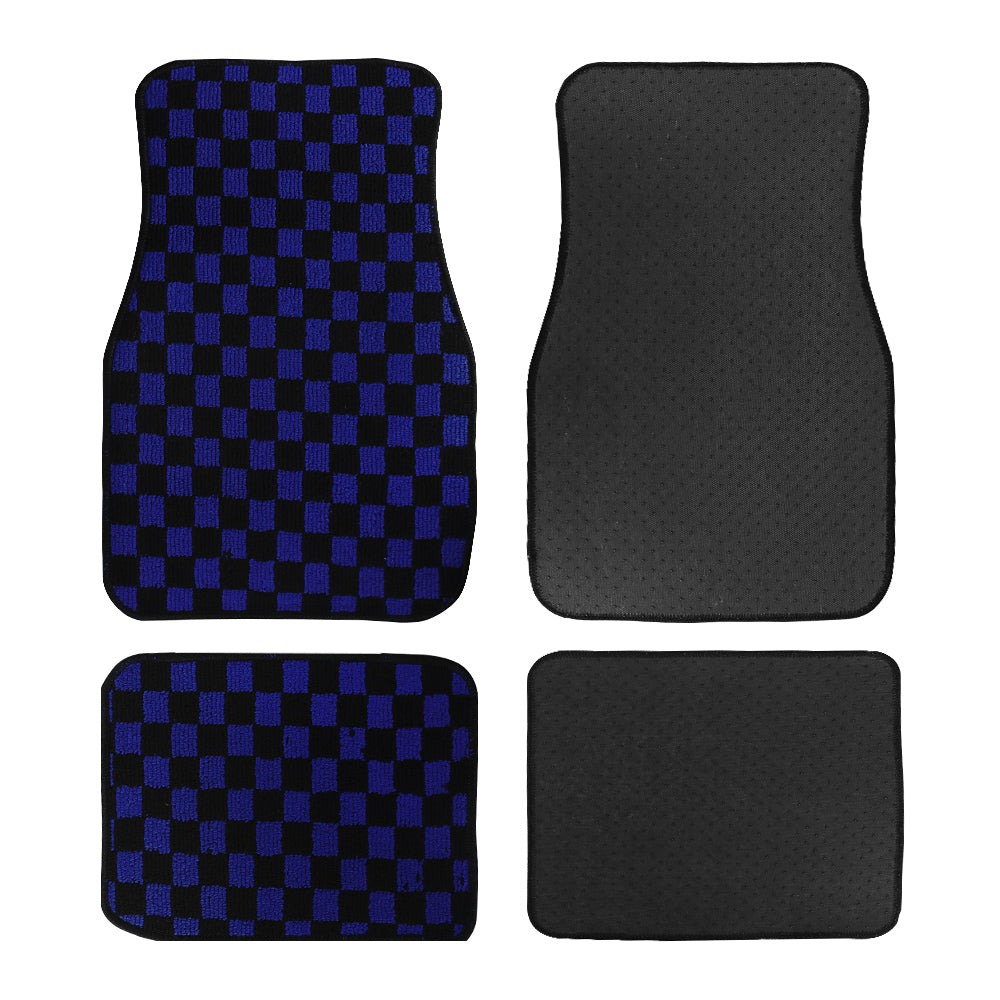 Brand New 4PCS UNIVERSAL CHECKERED BLUE Racing Fabric Car Floor Mats Interior Carpets