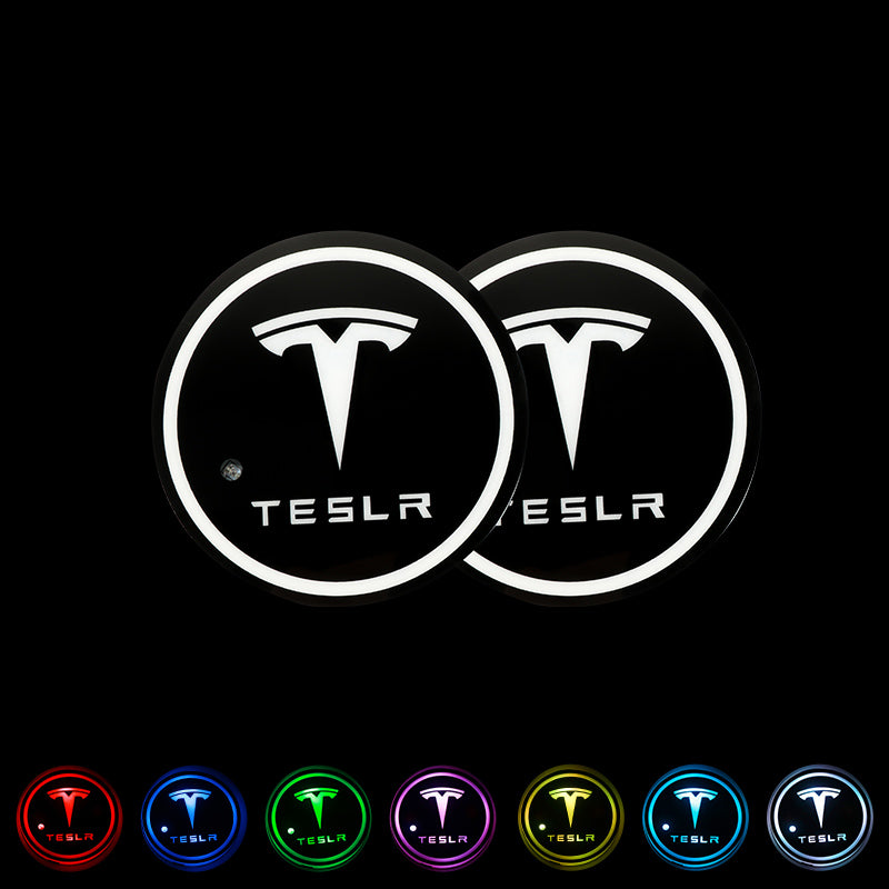 BRAND NEW UNIVERSAL 2PCS TESLA Switchable Seven Colorful LED Car Cup Holder Mat Coaster Pad