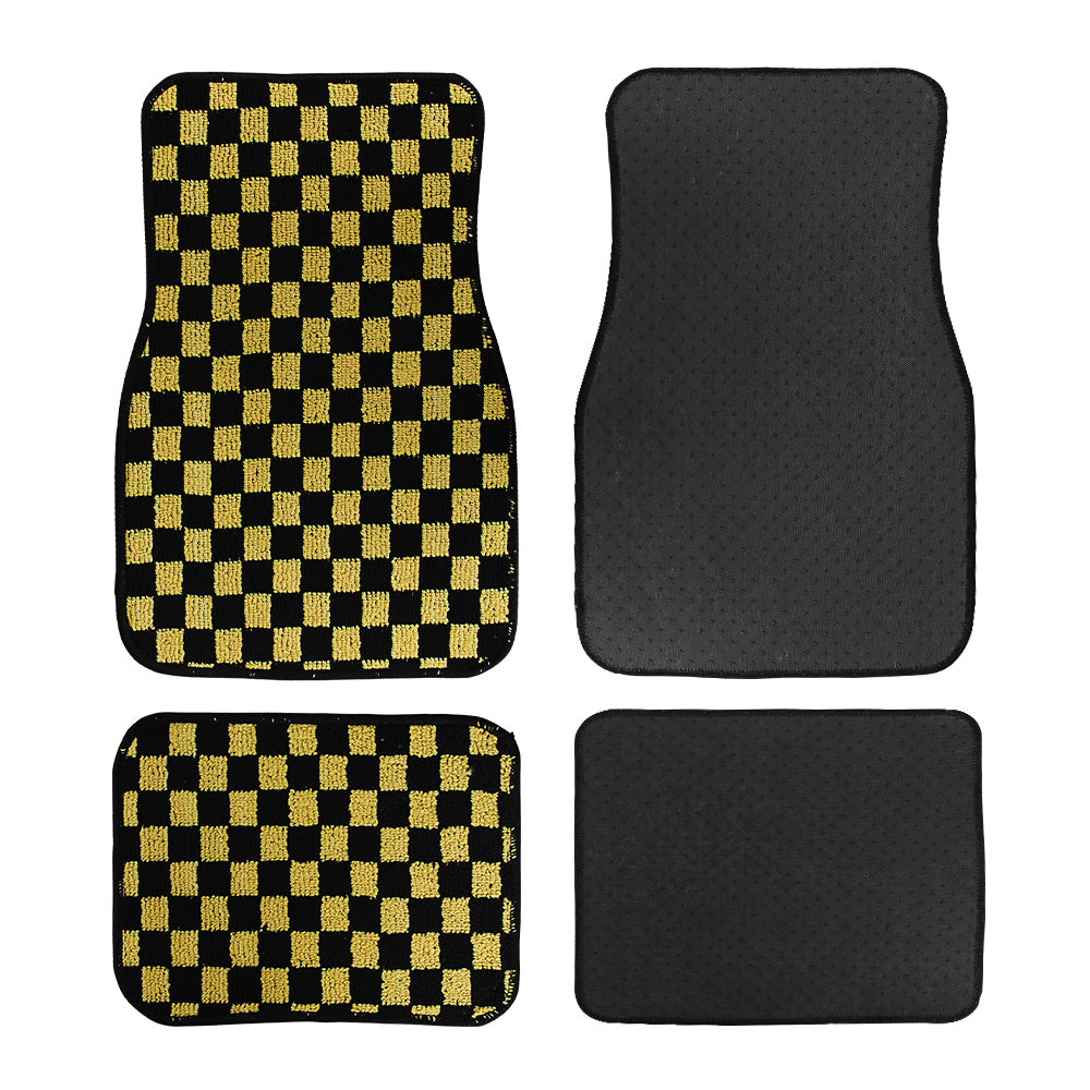 Brand New 4PCS UNIVERSAL CHECKERED GOLD Racing Fabric Car Floor Mats Interior Carpets