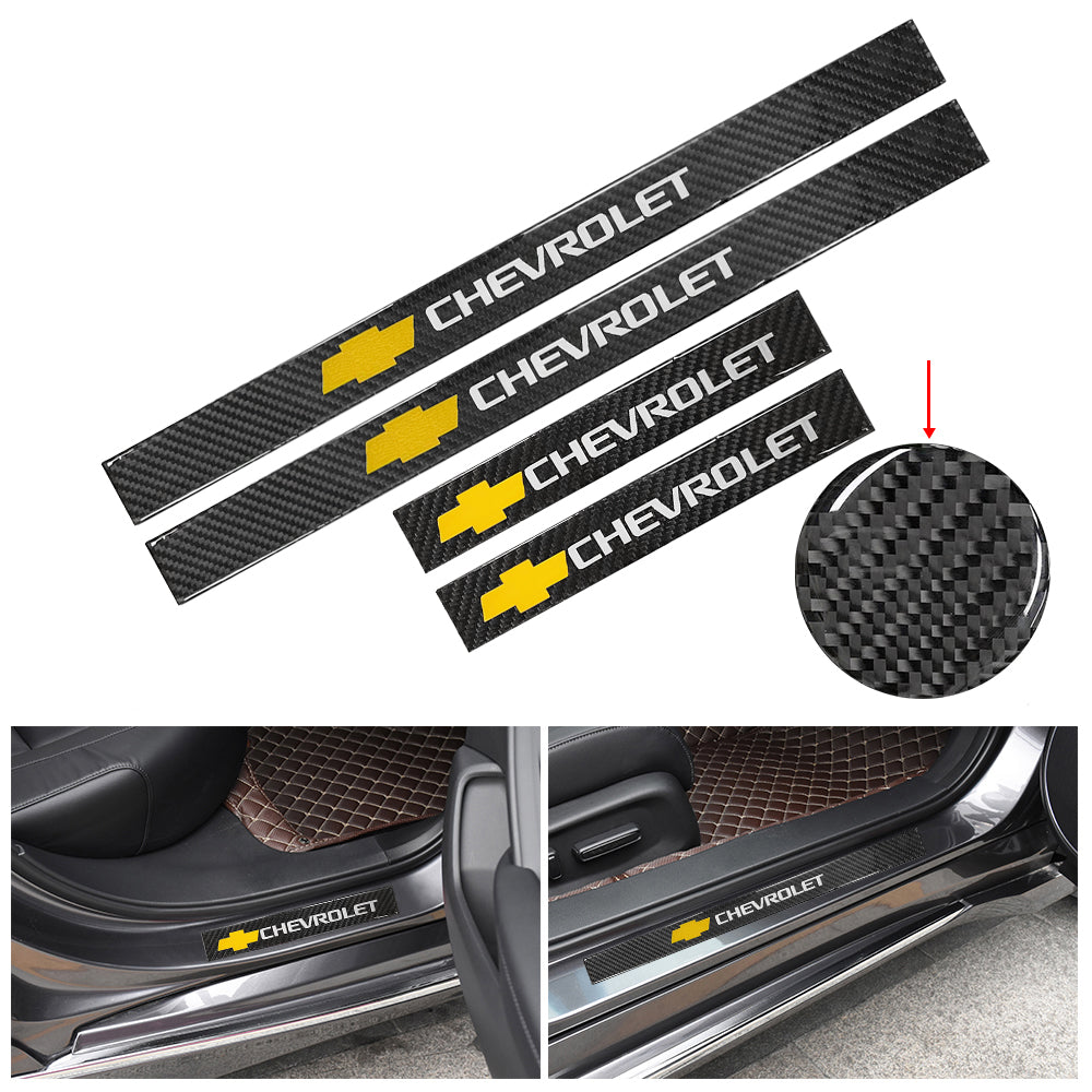 Brand New 4PCS Universal Chevrolet Real Carbon Fiber Black Car Door Scuff Sill Cover Panel Step Protector