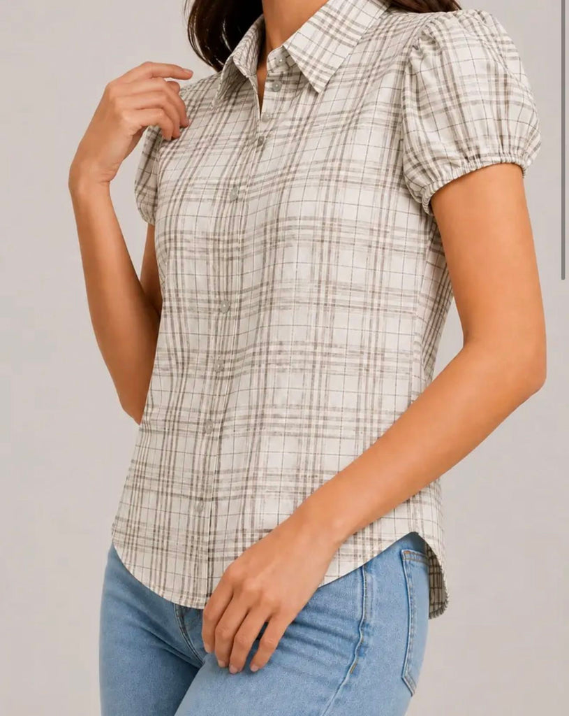 2026 New Women Vintage Plaid Shirt Short Sleeve Puff Sleeve Top Fashion Versatile Casual Blouse Limited Stock Hot Must Have Daily Outfit