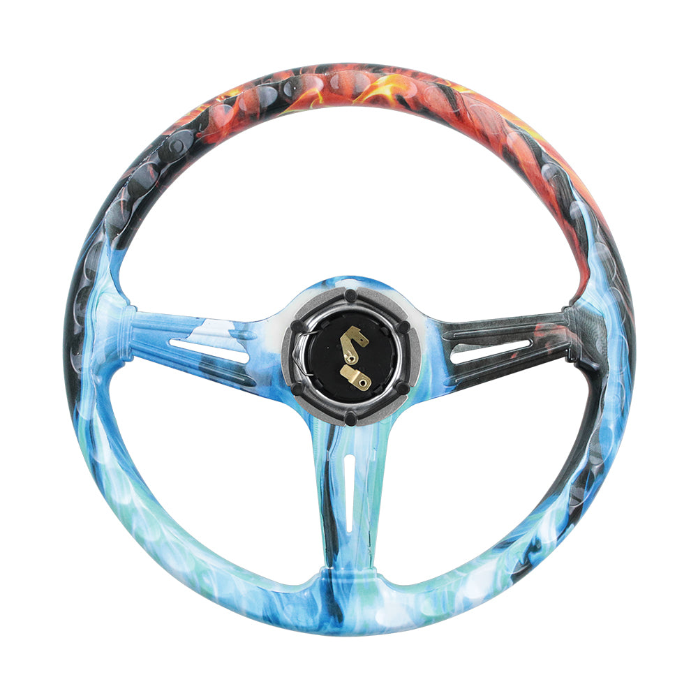 BRAND NEW UNIVERSAL 350MM 14'' Graphic Fire & Water Style Acrylic Deep Dish 6 Holes Steering Wheel w/Horn Button Cover
