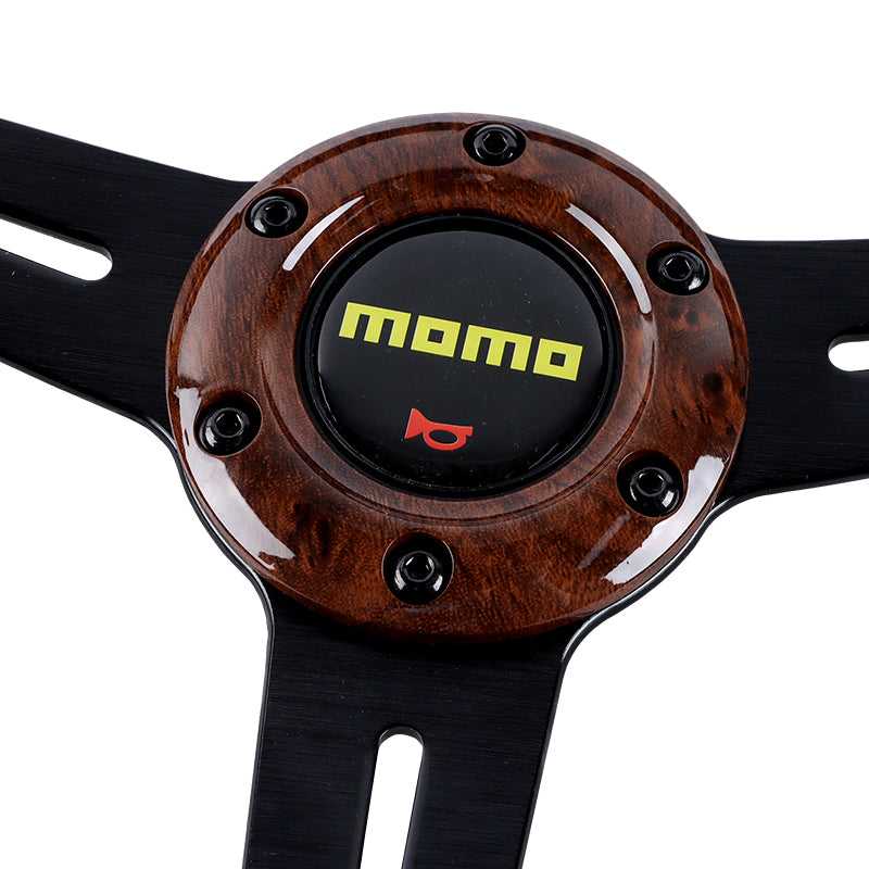 Brand New 350mm 14" Universal Momo Dark Wood ABS Racing Steering Wheel Black Spoke