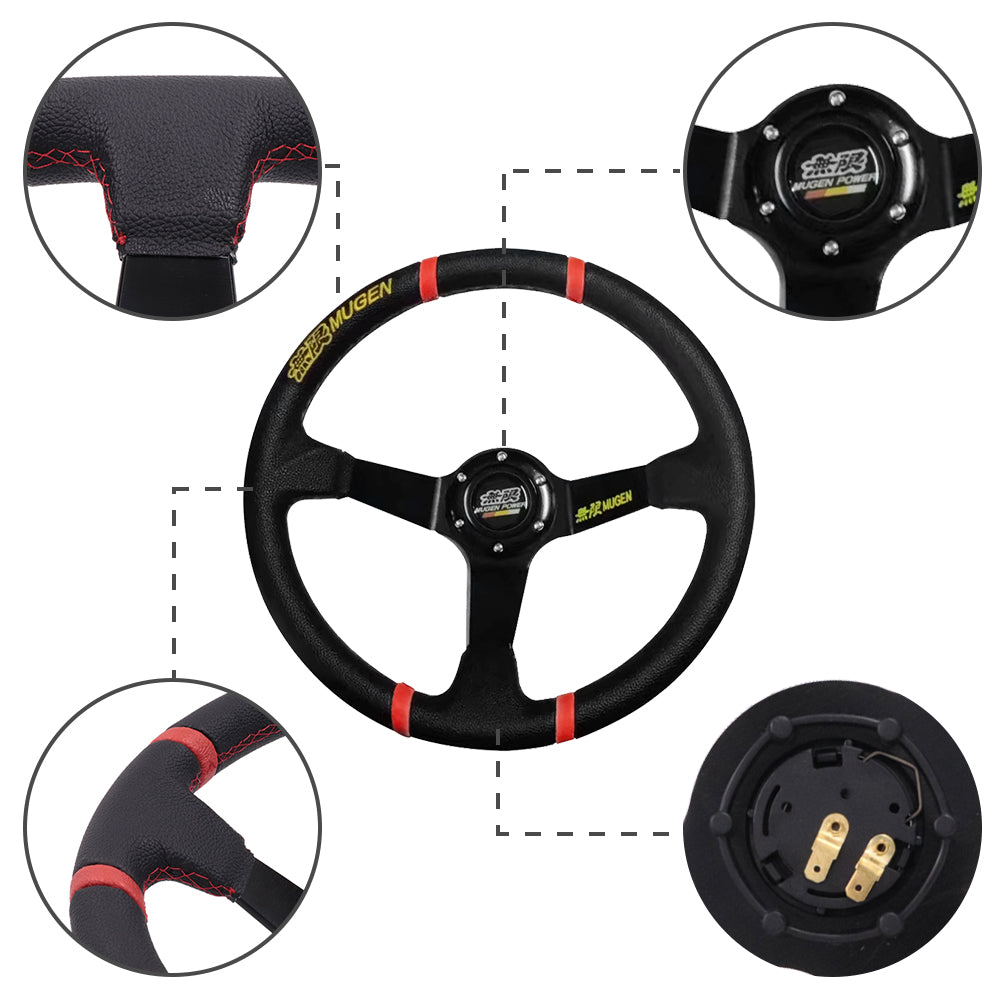 Brand New 350mm 14" Deep Dish Racing Mugen Black Steering Wheel PVC Leather Black Spoke