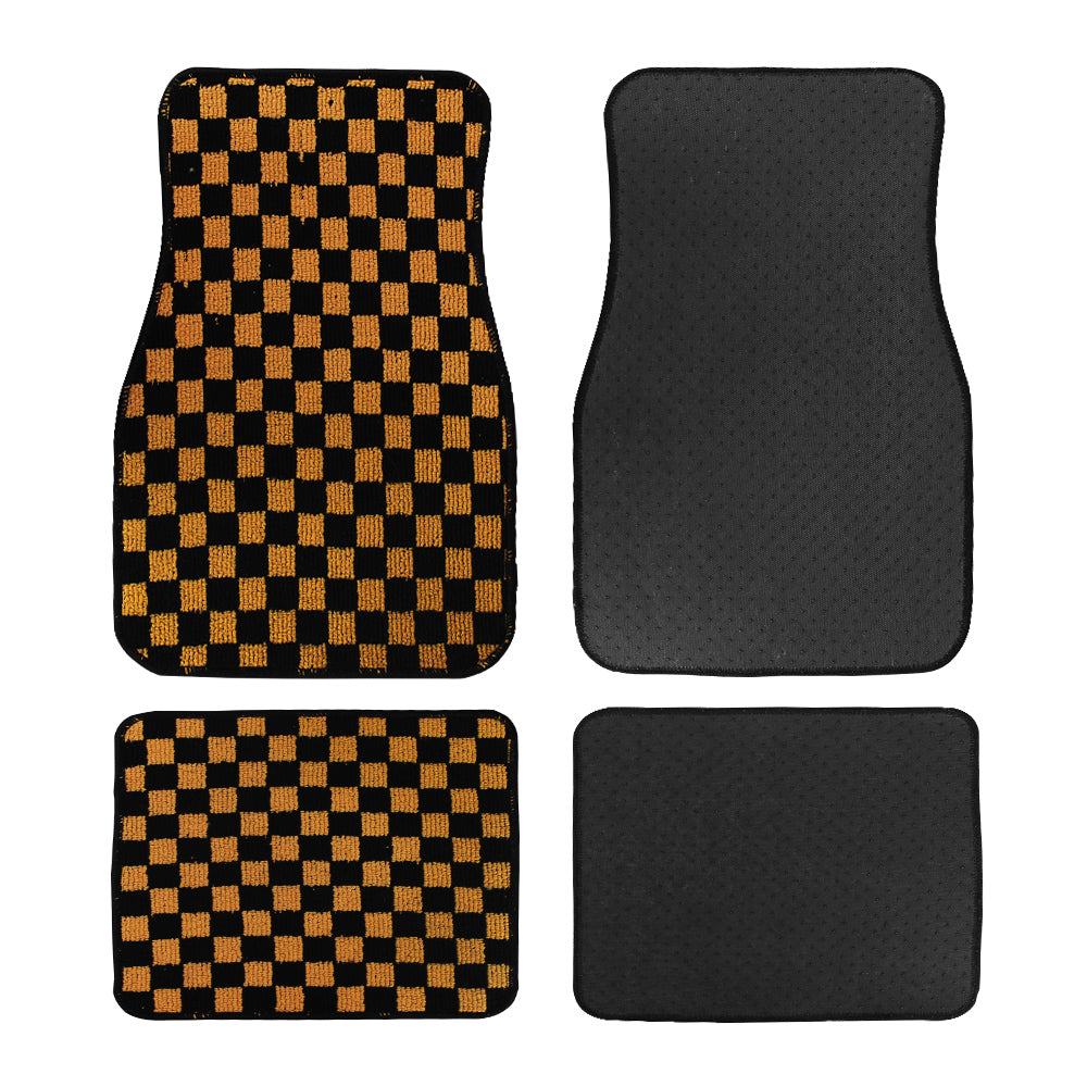 Brand New 4PCS UNIVERSAL CHECKERED ORANGE Racing Fabric Car Floor Mats Interior Carpets