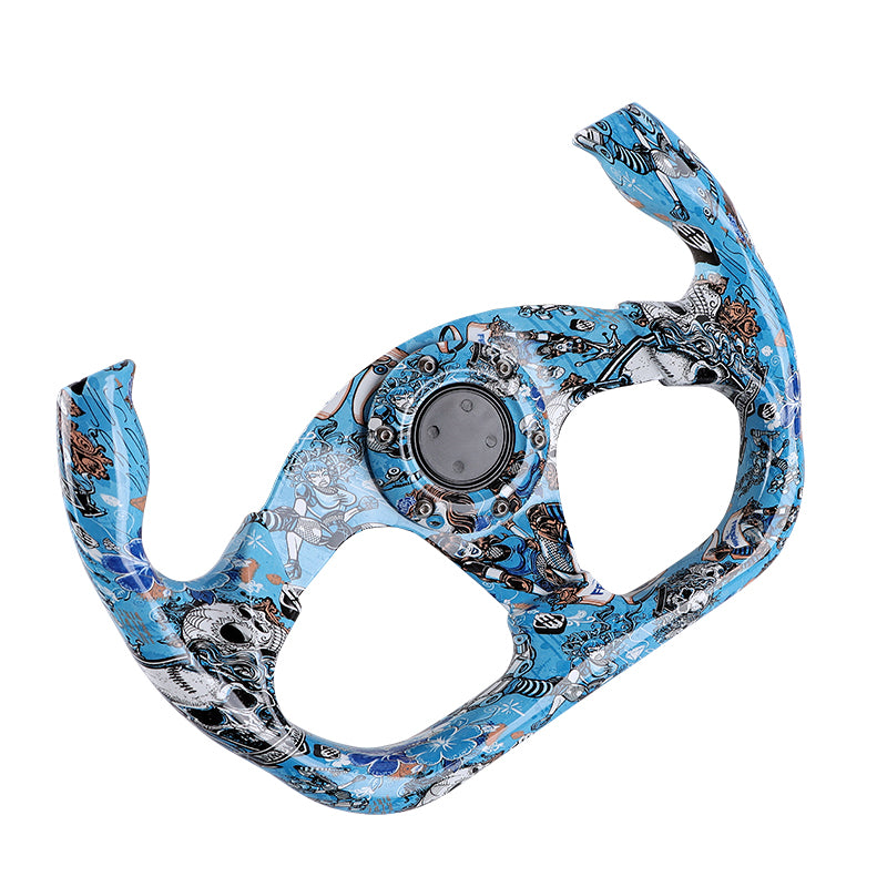 BRAND NEW UNIVERSAL 330MM Graphic Skull Look Yoke Style Acrylic 6 Holes Blue Steering Wheel w/Horn Button Cover