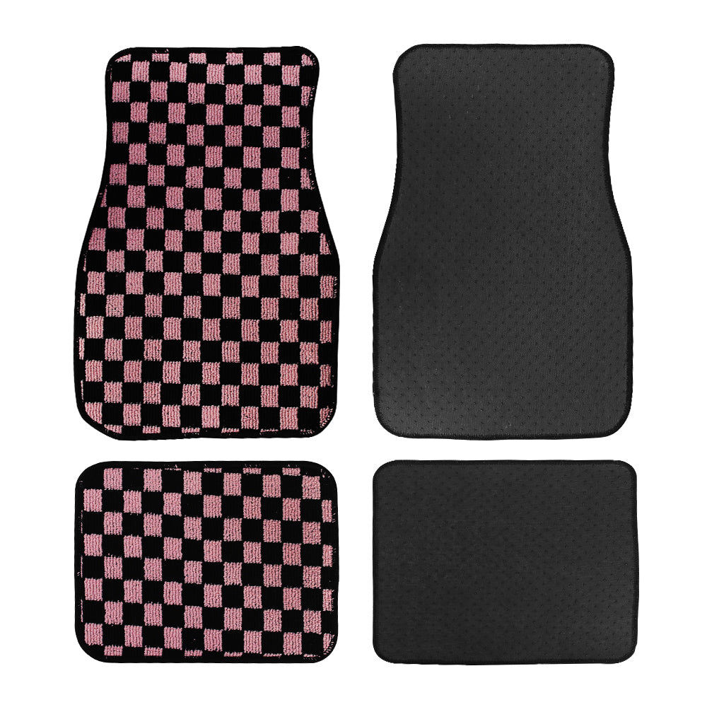 Brand New 4PCS UNIVERSAL CHECKERED Pink Racing Fabric Car Floor Mats Interior Carpets