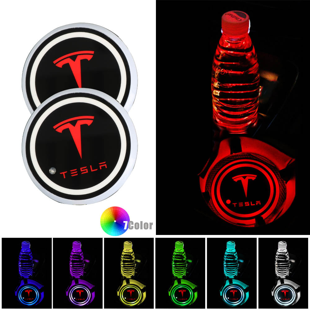 BRAND NEW UNIVERSAL V2 2PCS TESLA Switchable Seven Colorful LED Car Cup Holder Mat Coaster Pad