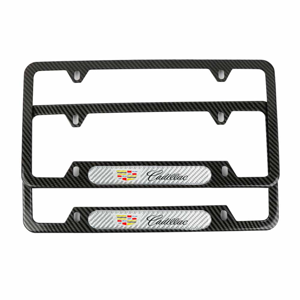 Brand New Universal 2PCS Cadillac Carbon Fiber Look Metal License Plate Frame