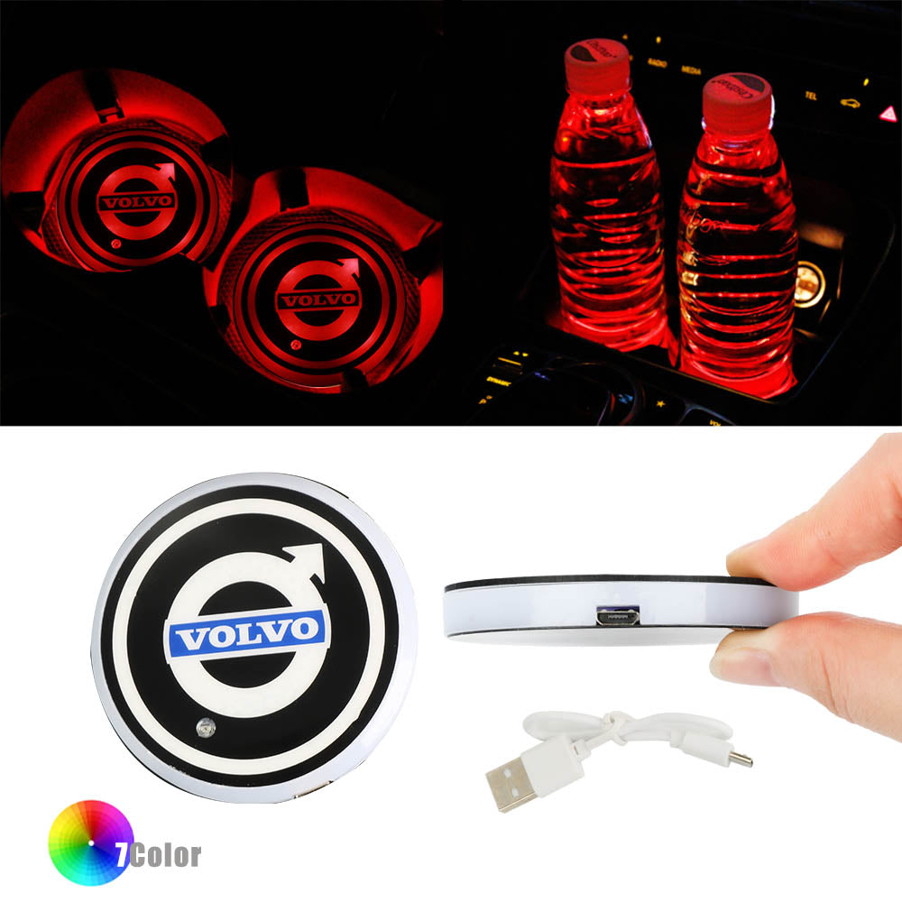 BRAND NEW UNIVERSAL V2 2PCS VOLVO Switchable Seven Colorful LED Car Cup Holder Mat Coaster Pad - JK Racing Inc