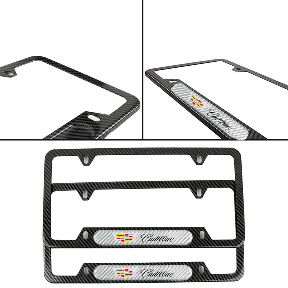 Brand New Universal 2PCS Cadillac Carbon Fiber Look Metal License Plate Frame