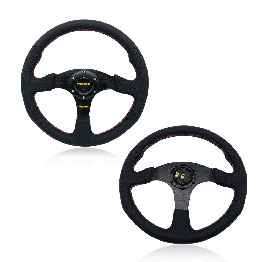 Brand New 14" MOMO Style Racing Black Stitching Leather PVC Sport Steering Wheel w Horn Button