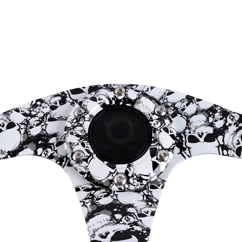 BRAND NEW UNIVERSAL 330MM Graphic Skull Look Yoke Style Acrylic 6 Holes White Steering Wheel w/Horn Button Cover