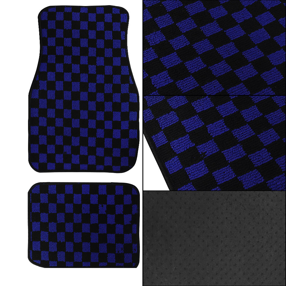 Brand New 4PCS UNIVERSAL CHECKERED BLUE Racing Fabric Car Floor Mats Interior Carpets