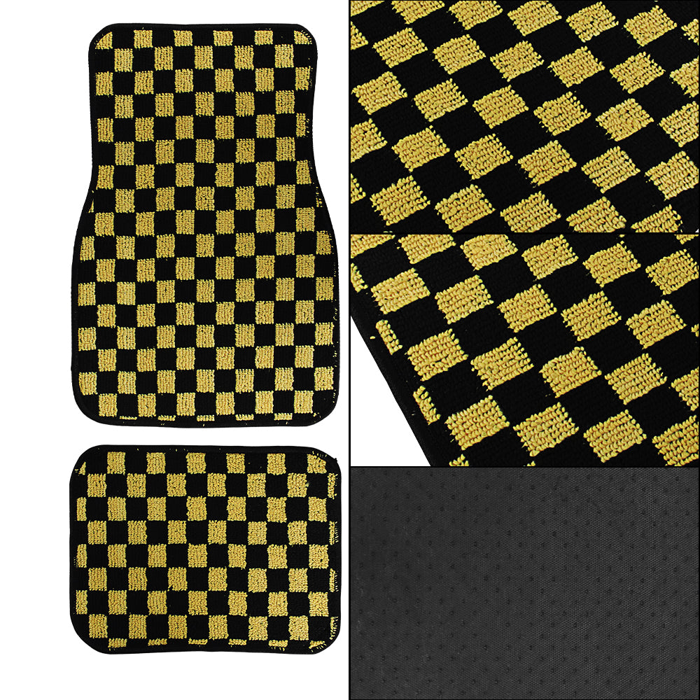 Brand New 4PCS UNIVERSAL CHECKERED GOLD Racing Fabric Car Floor Mats Interior Carpets