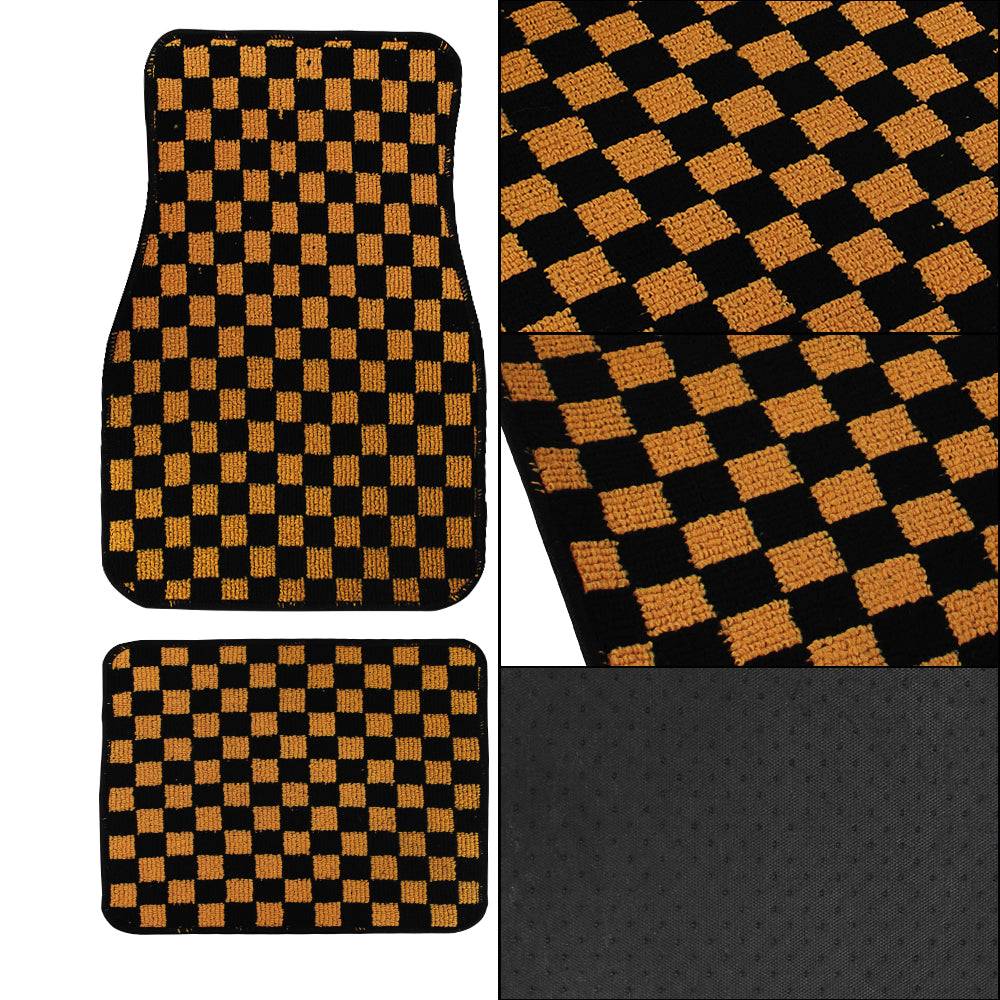 Brand New 4PCS UNIVERSAL CHECKERED ORANGE Racing Fabric Car Floor Mats Interior Carpets