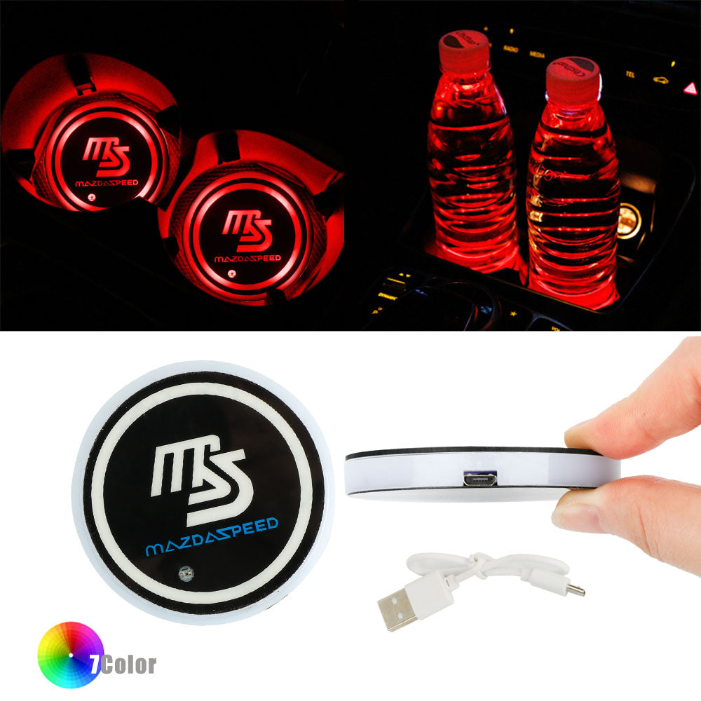 BRAND NEW UNIVERSAL V2 2PCS MAZDASPEED Switchable Seven Colorful LED Car Cup Holder Mat Coaster Pad
