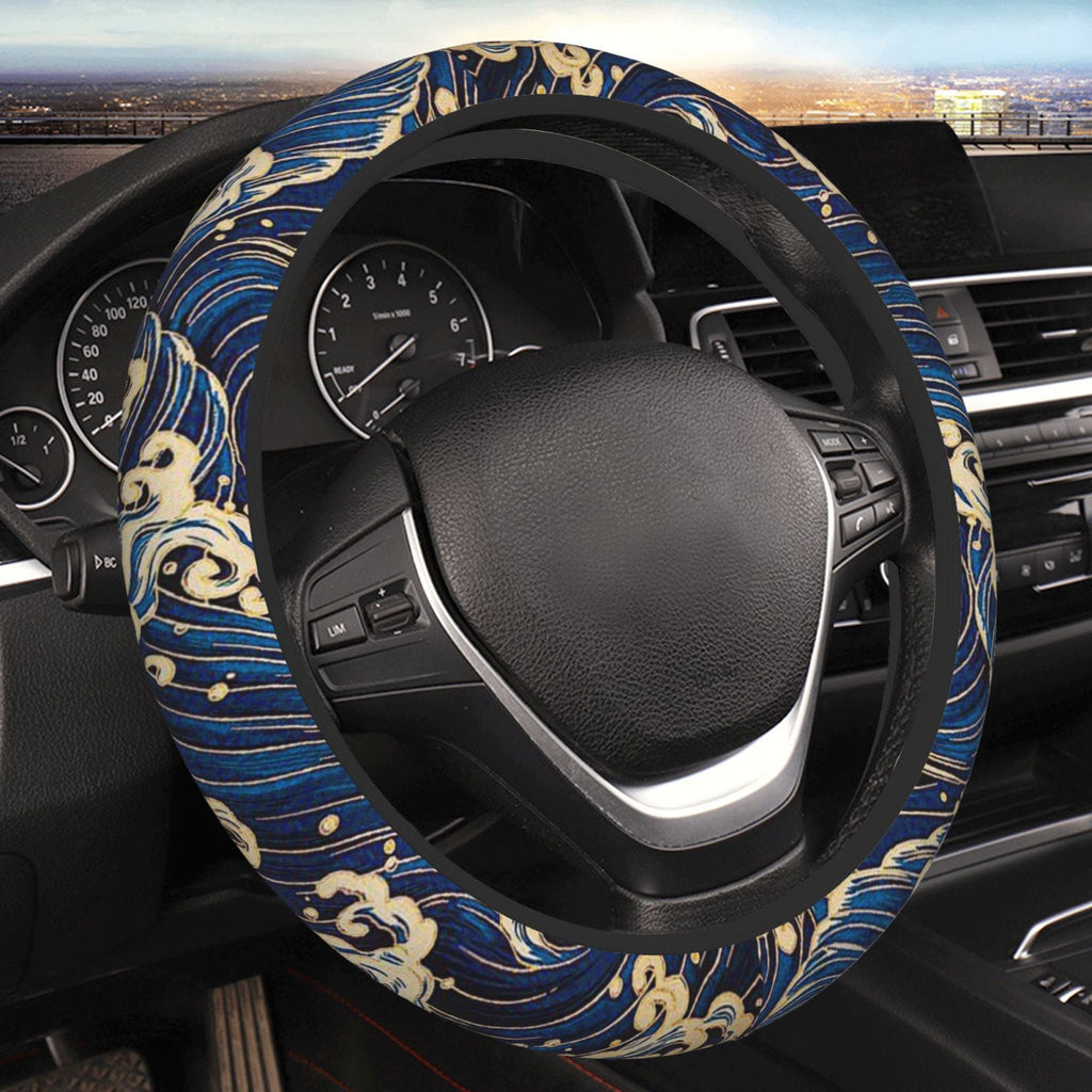 Brand New Universal Sakura Wave Blue Soft Flexible Fabric Car Auto Steering Wheel Cover Protector 14"-15.5"