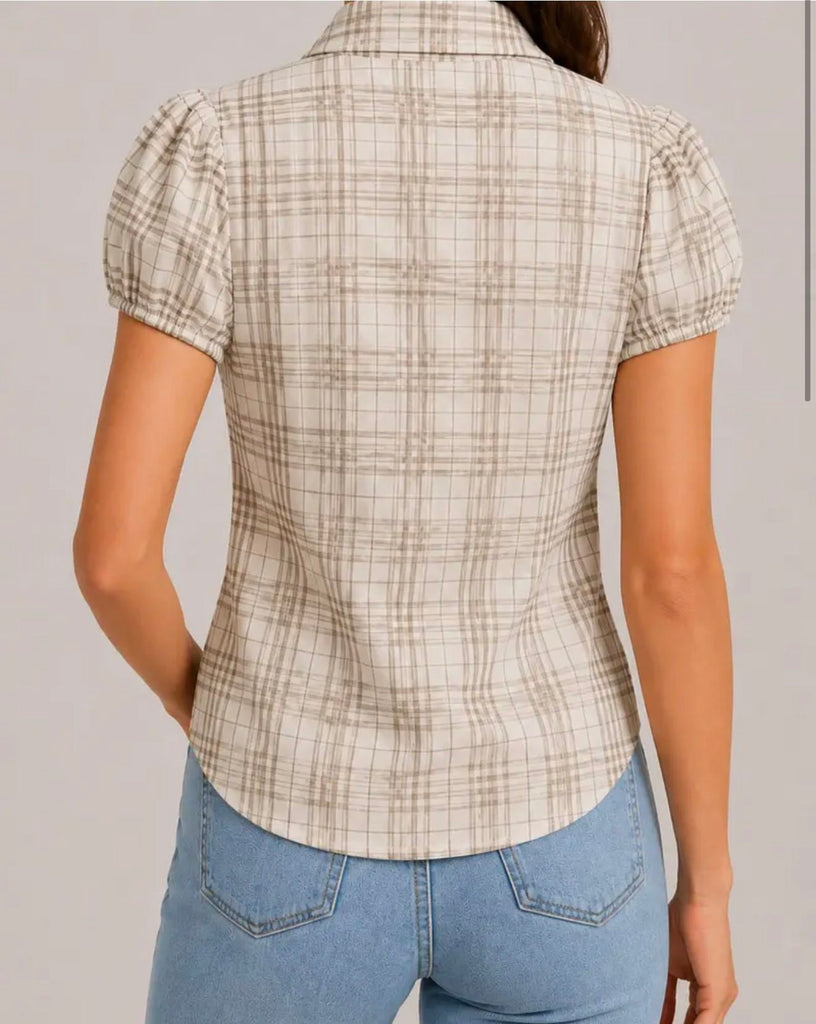 2026 New Women Vintage Plaid Shirt Short Sleeve Puff Sleeve Top Fashion Versatile Casual Blouse Limited Stock Hot Must Have Daily Outfit
