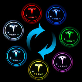 BRAND NEW UNIVERSAL 2PCS TESLA Switchable Seven Colorful LED Car Cup Holder Mat Coaster Pad