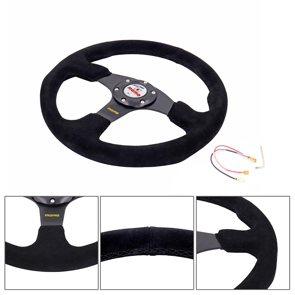Brand New 14" MOMO Style Racing Black Stitching Leather Suede Sport Steering Wheel w Horn Button