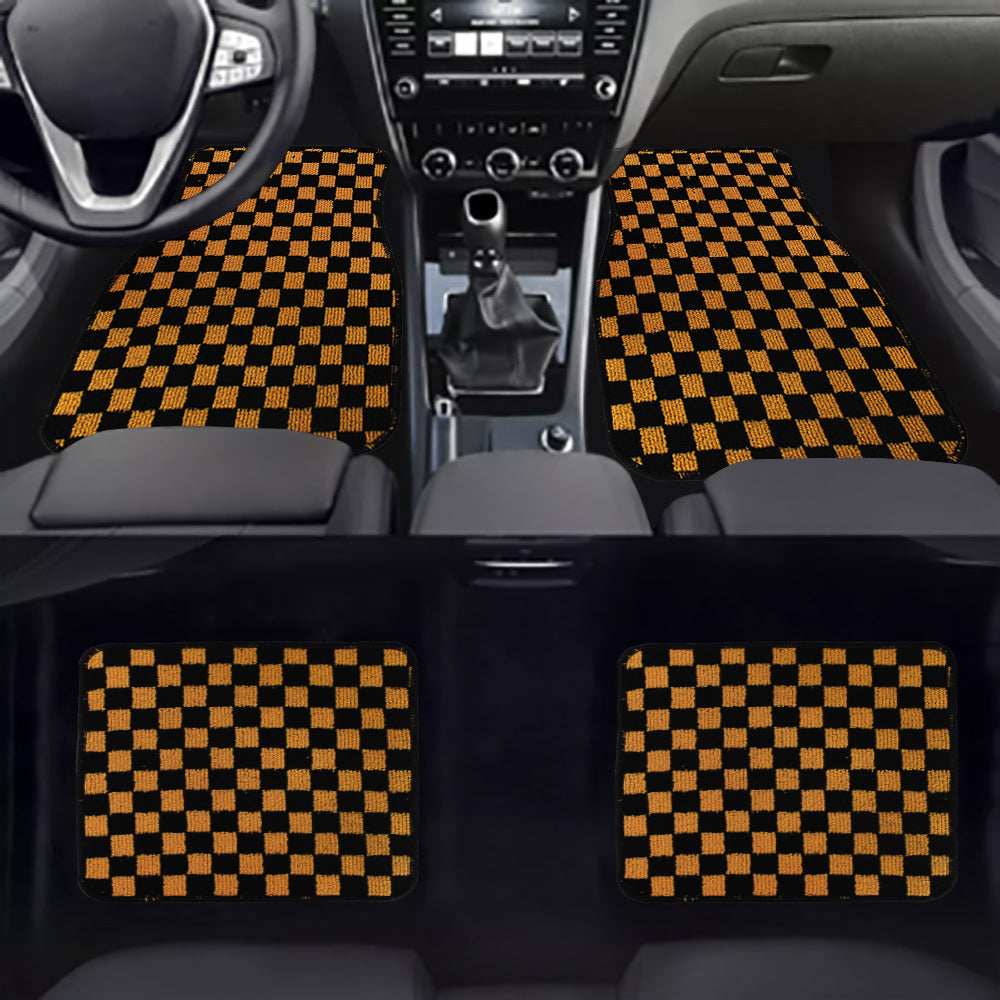 Brand New 4PCS UNIVERSAL CHECKERED ORANGE Racing Fabric Car Floor Mats Interior Carpets