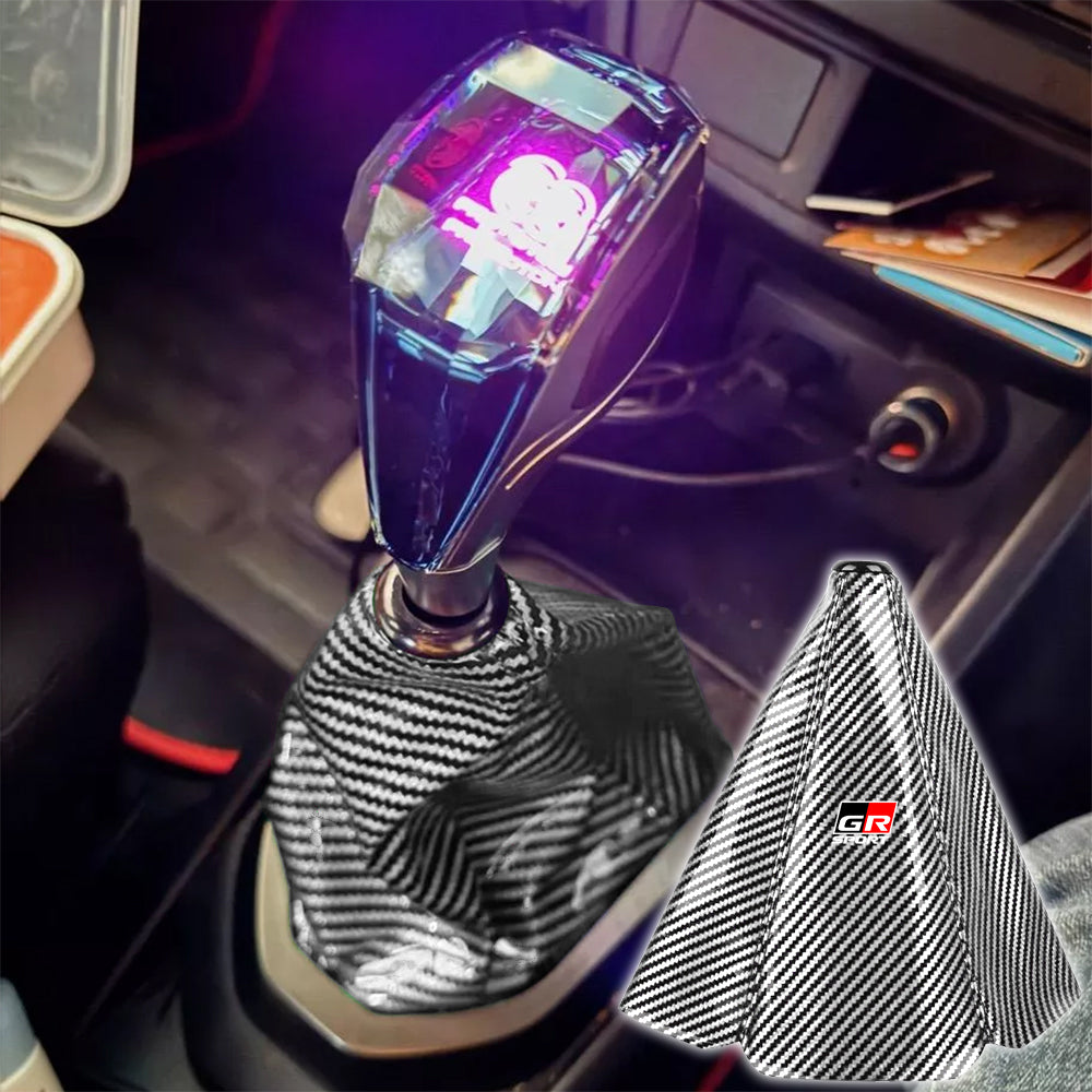 Brand New Universal GR SPORT Carbon Fiber Silver Leather PVC Style Black Stitch Leather Gear Manual Shifter Shift Knob Boot