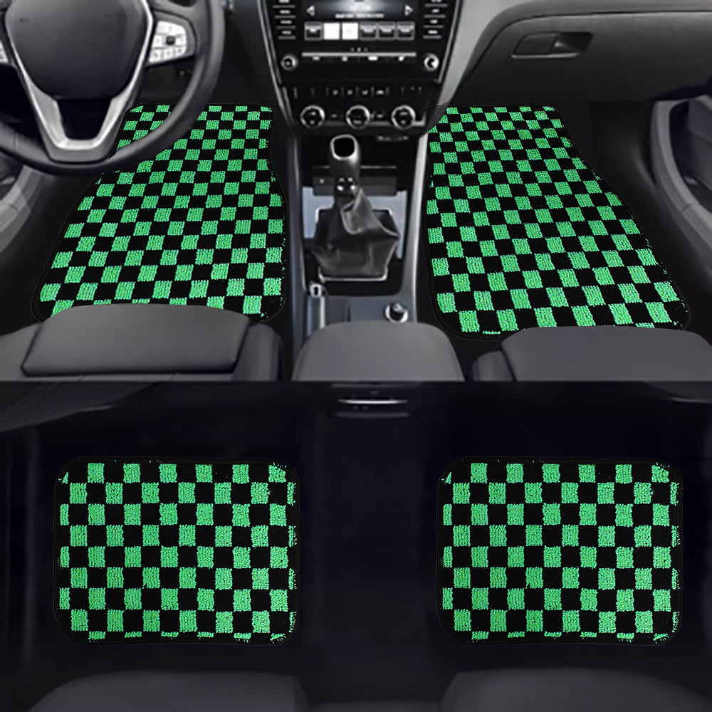 Brand New 4PCS UNIVERSAL CHECKERED Green Racing Fabric Car Floor Mats Interior Carpets