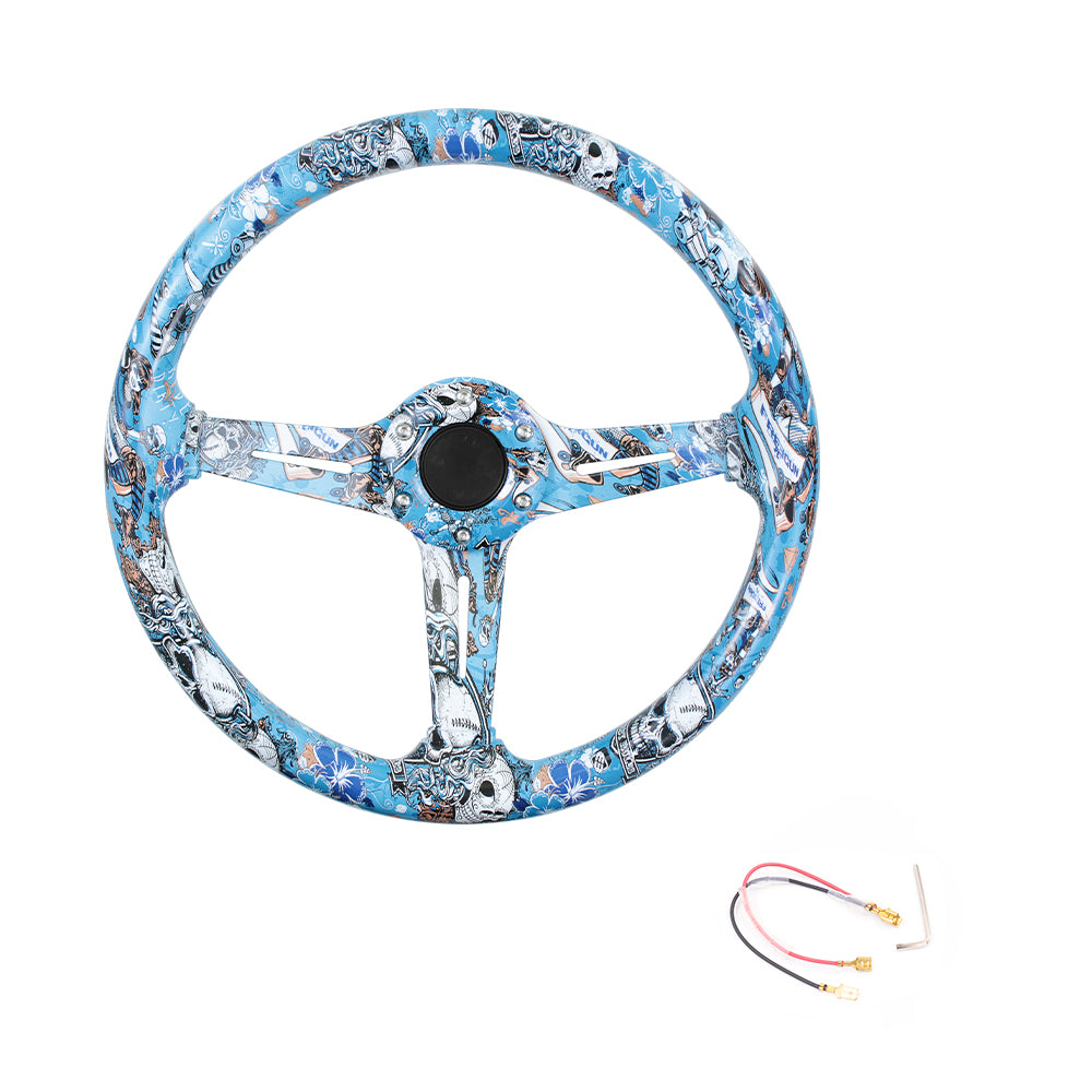 BRAND NEW UNIVERSAL 350MM 14'' Graphic Skull Look Style Acrylic Deep Dish 6 Holes Steering Wheel w/Horn Button Cover