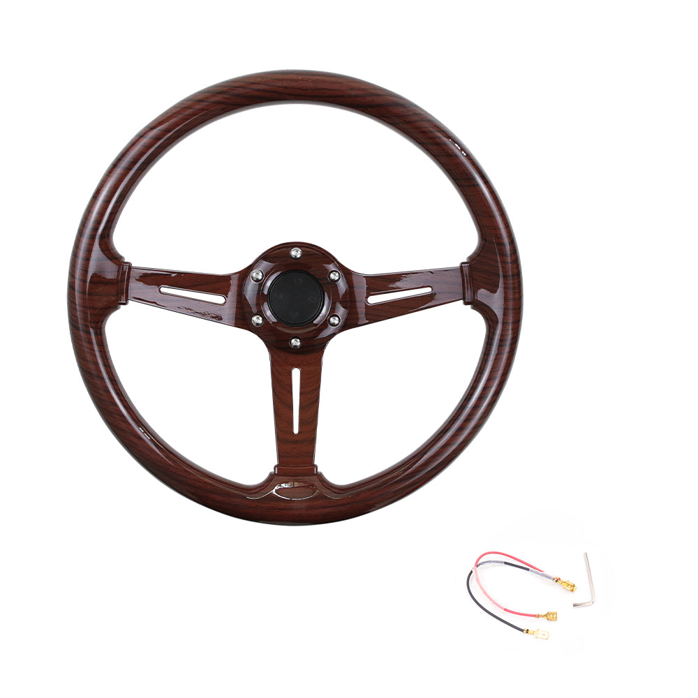 BRAND NEW UNIVERSAL 350MM 14'' Dark Wood Style Acrylic Deep Dish 6 Holes Steering Wheel w/Horn Button Cover