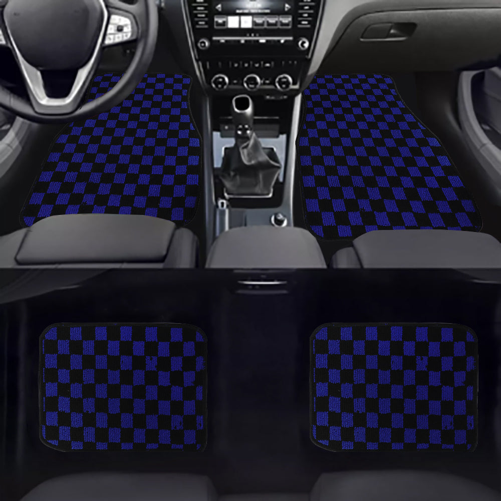 Brand New 4PCS UNIVERSAL CHECKERED BLUE Racing Fabric Car Floor Mats Interior Carpets