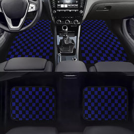 Brand New 4PCS UNIVERSAL CHECKERED BLUE Racing Fabric Car Floor Mats Interior Carpets
