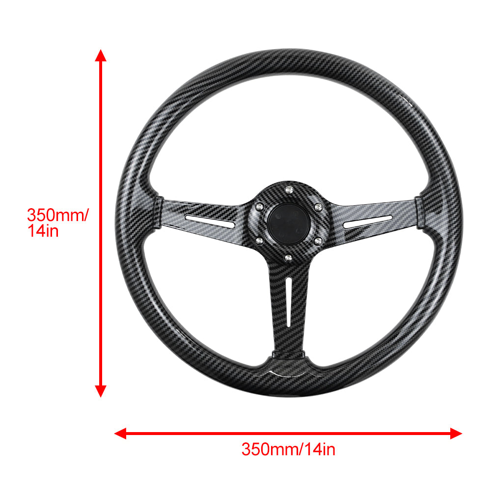BRAND NEW UNIVERSAL 350MM 14'' Carbon Fiber Look Style Acrylic Deep Dish 6 Holes Steering Wheel w/Horn Button Cover