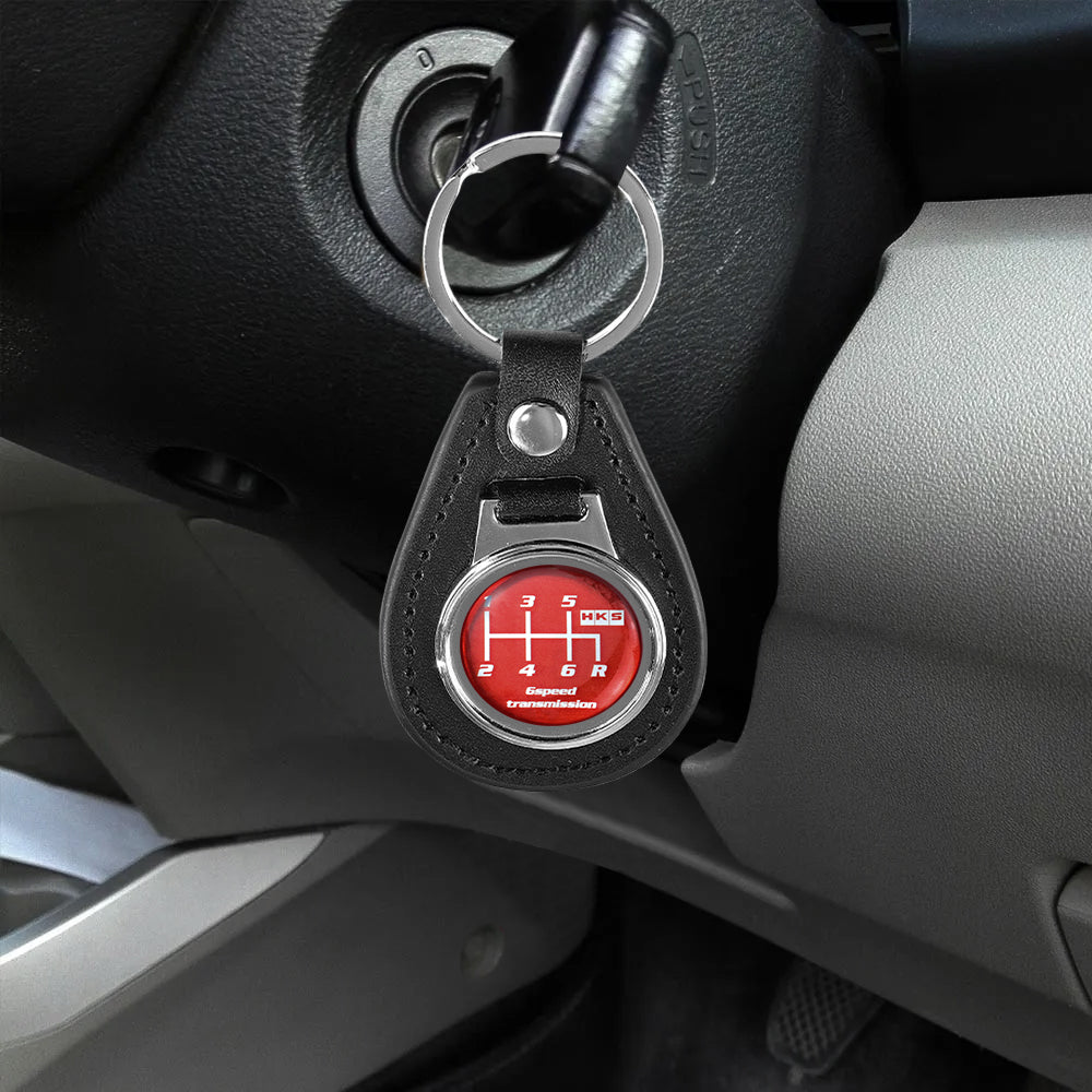 Brand New HKS 6 Speed Black Leather Keychain Keyfob Silver Keyring JDM Gift