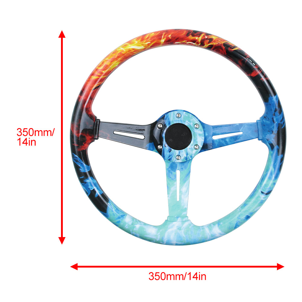 BRAND NEW UNIVERSAL 350MM 14'' Graphic Fire & Water Style Acrylic Deep Dish 6 Holes Steering Wheel w/Horn Button Cover