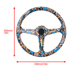BRAND NEW UNIVERSAL 350MM 14'' Stickerbomb Style Acrylic Deep Dish 6 Holes Steering Wheel w/Horn Button Cover