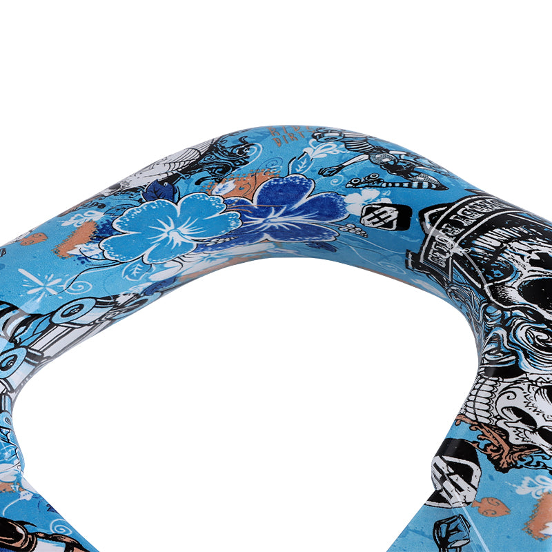 BRAND NEW UNIVERSAL 330MM Graphic Skull Look Yoke Style Acrylic 6 Holes Blue Steering Wheel w/Horn Button Cover