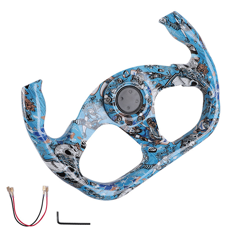 BRAND NEW UNIVERSAL 330MM Graphic Skull Look Yoke Style Acrylic 6 Holes Blue Steering Wheel w/Horn Button Cover