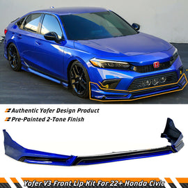 BRAND NEW 4PCS 2022-2024 Honda Civic 11th Gen Yofer Painted V3 Blk Aegean Blue Bumper Lip Splitter Kit
