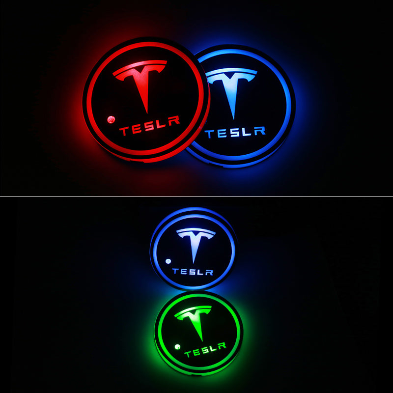 BRAND NEW UNIVERSAL 2PCS TESLA Switchable Seven Colorful LED Car Cup Holder Mat Coaster Pad