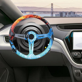 BRAND NEW UNIVERSAL 350MM 14'' Graphic Fire & Water Style Acrylic Deep Dish 6 Holes Steering Wheel w/Horn Button Cover