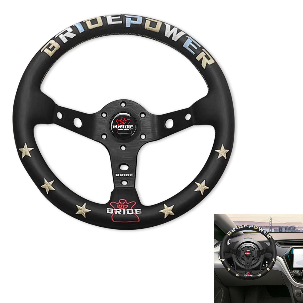 Brand New 13" Bride Power Racing Gold Stitching Leather Geniune Sport Steering Wheel w Horn Button