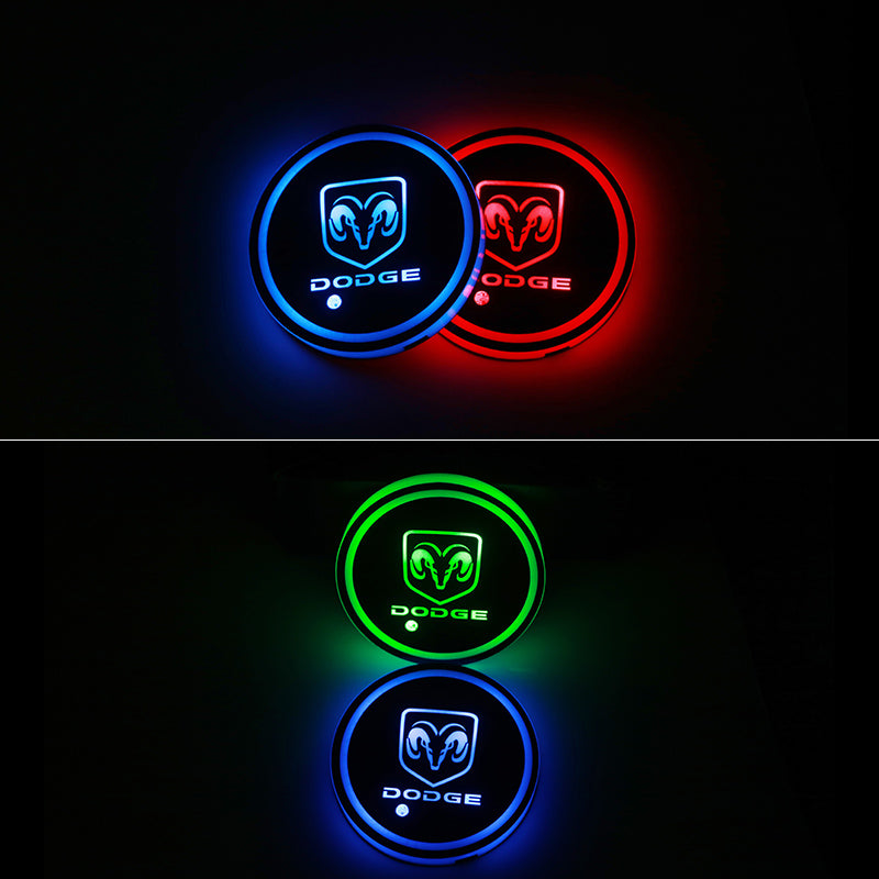 BRAND NEW UNIVERSAL 2PCS DODGE Switchable Seven Colorful LED Car Cup Holder Mat Coaster Pad