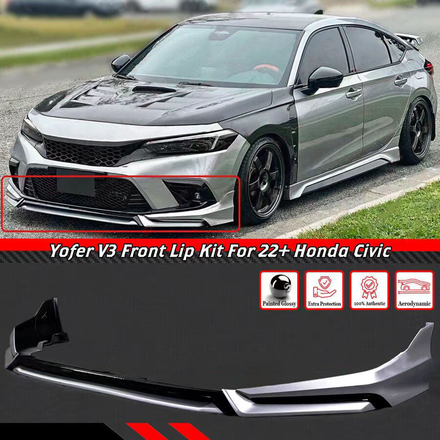 BRAND NEW 4PCS 2022-2023 Honda Civic 11th Gen Yofer Painted V3 Blk Lunar Silver Bumper Lip Splitter Kit