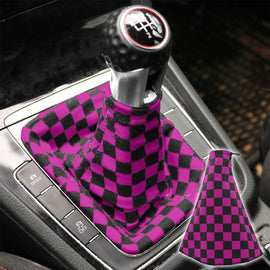 Brand New Universal Checkered Dark Gray Pink Stitch Fabric Gear Manual Shifter Shift Knob Boot