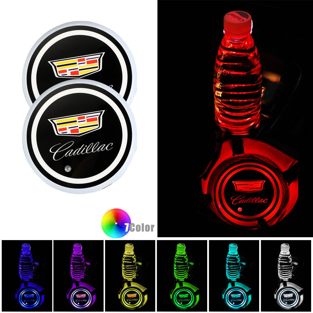 BRAND NEW UNIVERSAL V2 2PCS CADILLAC Switchable Seven Colorful LED Car Cup Holder Mat Coaster Pad